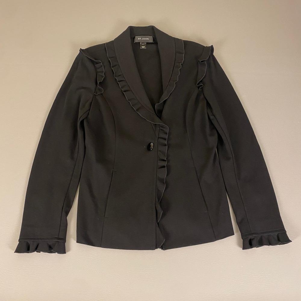 St. John  Blazer Jacket  Size 6 Black w/ Ruffled‎ Hem Trim Formal Evening Career